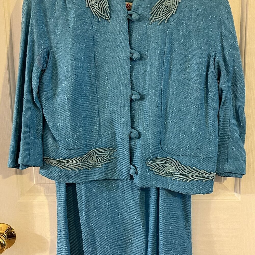 Vintage 50s/60s Kabro of Houston Women Peacock Blue Skirt Suit Unsized (small)